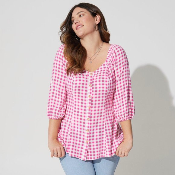 torrid Tops - Torrid Fit & Flare Rayon Slub Button Up 3/4 Sleeve Pink Gingham Top